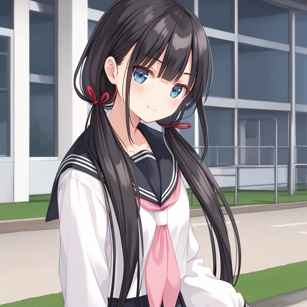 (High resolution, 8k, best quality, masterpiece, ultra detailed), anatomically correct, anime, 1girl, very long low twintails, red ribbon, very long low pigtails, black hair, serafuku, black sailor collar, white blouse, pink neckerchief, school, from front