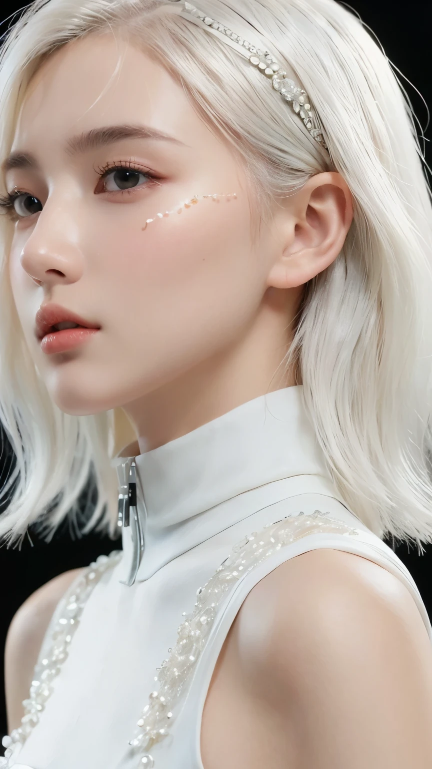 best quality,A perfect masterpiece,A perfect work of art,Official work,8k,, (upper body portrait:1.3),((view from the side:1.5)),close-up lenses,delicate face,, ,gray hair女孩,(gray hair:1.5),Short and medium length hair,((White and transparent eyes:1.5)),(white dress:1.2),(transparent clothing:1.2),(black background:1.3),, Pearl illusion,cyberpunk,fashion,3s material,HD,detailed expression,C4D,3d,octane rendering,ray tracing,intricate details,Animated lighting,renderer,