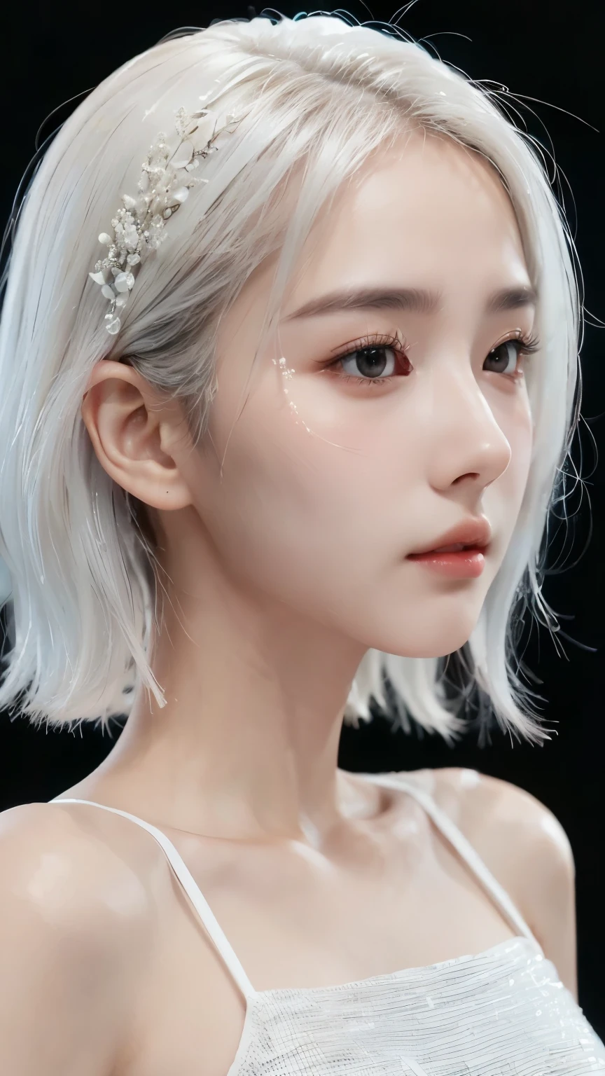 best quality,A perfect masterpiece,A perfect work of art,Official work,8k,, (upper body portrait:1.3),((view from the side:1.5)),close-up lenses,delicate face,, ,gray hair女孩,(gray hair:1.5),Short and medium length hair,((White and transparent eyes:1.5)),(white dress:1.2),(transparent clothing:1.2),(black background:1.3),, Pearl illusion,cyberpunk,fashion,3s material,HD,detailed expression,C4D,3d,octane rendering,ray tracing,intricate details,Animated lighting,renderer,