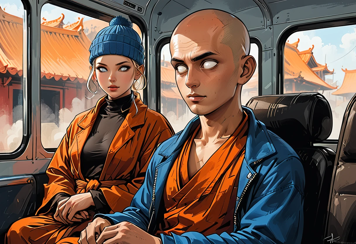 (((girl and man sitting on a bus))),(((girl in Blue zipped up down winter jacket and black turtleneck )) and (jeans) and black gloves and (((blue winter hat))))) with (((((blind Buddhist monk))) in ((orange Kashaya)))) sitting inside in the passenger seat on the bus, (girl adult, [Nordic], perfect Olive skin, Oval Face, Long neck, Rounded shoulders, perfect hand, round forehead, (Short blonde Waves pixie hair), snub nose, Arched eyebrows, ((Monolid blue Eyes)), High Round Narrow cheekbones, Dimpled Cheeks, Rounded Chin, Rounded Jawline, Full nude Lips, (blue eyes), Nude Makeup Look, long eyelashes,) (((blind Buddhist monk, round face, white eyes, no eyebrows, no hair, bald, paw-eared, round cheeks, narrow lips, man, white sclera eyes, Whitewash Eyes,))), 
(((tropics))), graphic style of novel comics, perfect hands, 2d, 8k, hyperrealism, masterpiece, high resolution, best quality, ultra-detailed, super realistic, Hyperrealistic art, high-quality, ultra high res, highest detailed, lot of details, Extremely high-resolution details, incredibly lifelike, colourful, soft cinematic light,