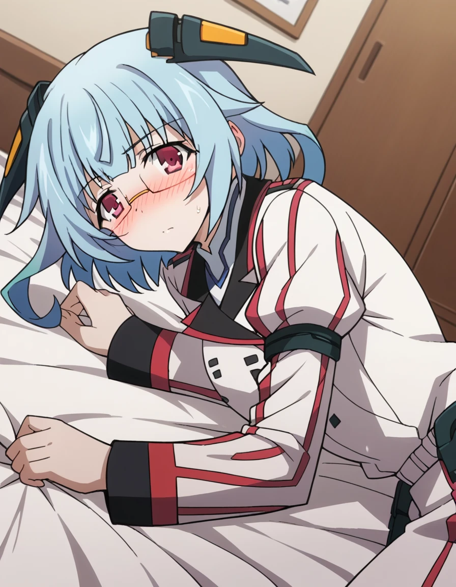 score_9, score_8_up, score_7_up, source_anime,
kanzashisarashiki, kanzashi sarashiki, red eyes, blue hair, glasses, semi-rimless eyewear,
school uniform, ribbon, blue ribbon, long sleeves, red trim, uniform, military uniform, white military uniform,
indoors, bed, bed room, on side, blush, drunk,
looking at viewer, cowboy shot, solo, dutch angle,