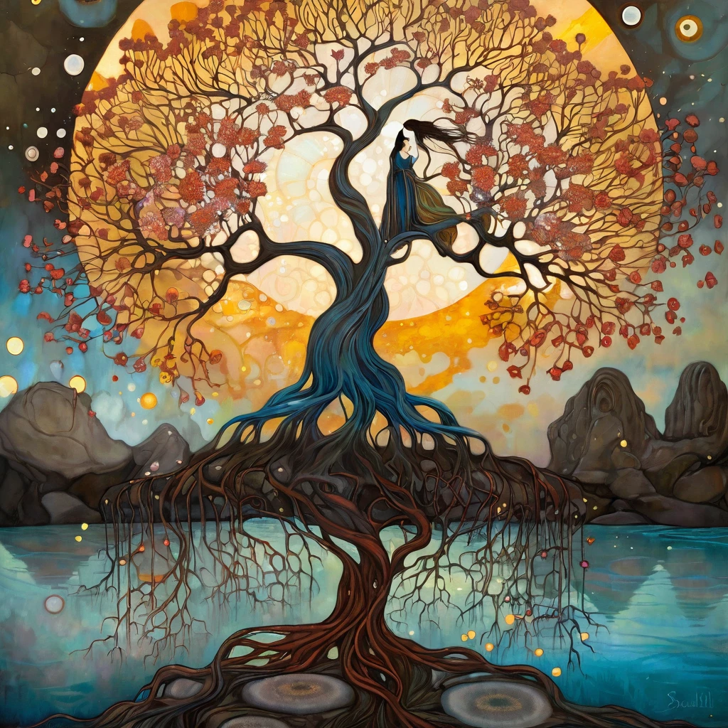 oil and acrylic painting. In the style of Meghan Duncanson, Andy Kehoe and Tom Bagshaw, Klimt. yggdrasill tree on a tuff promontory . Her body is the stem of the tree, her long hair are branches of transparent blown glass expanding into the sky, her legs large roots of copper metal sinking into the ground. Dandelion flowers, poppies, swamp flowers, cherry blossoms, peach blossoms bloom. Sun disc-shaped polychrome buds with marbled spirals, sun rays like strands of coral. Warm colors, ochre yellows, browns, shades of blue, reds .
