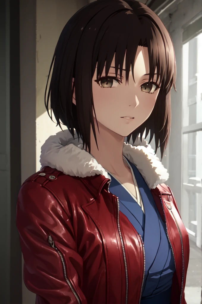 best quality, masterpiece, highres, solo, (ryougi_shiki_karanokyoukai:1.10), red leather jacket, blue kimono, fur trim, portrait, looking at viewer,