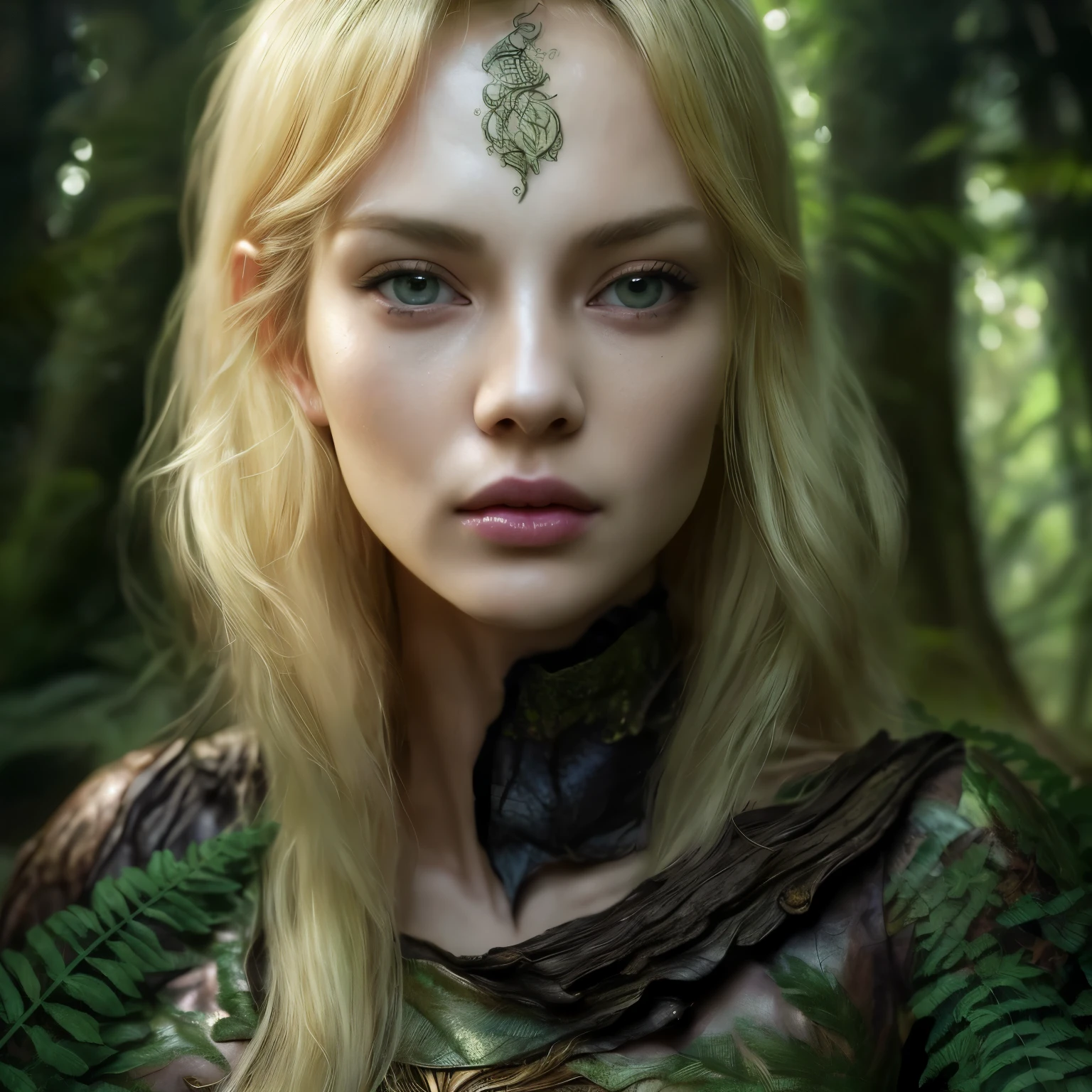 a girl very sexy, ( slim body) walk, ( long leng), hair blond shain, in an enchanted forest, wearing leaf and bark clothes, sneaking behind a fern, detailed face, detailed eyes, detailed lips, fantasy, magical realism, cinematic lighting, vibrant colors, lush foliage, intricate details, photorealistic, 8k, best quality, masterpiece