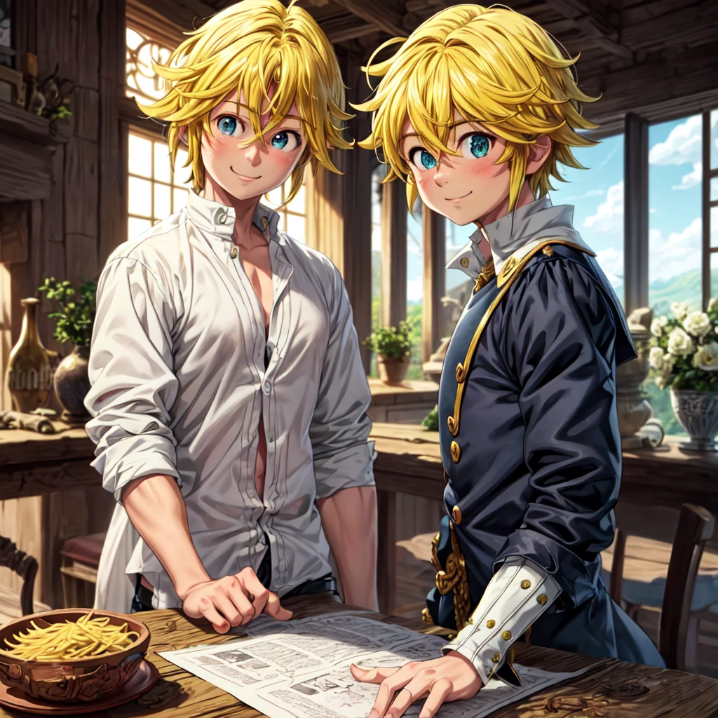 masterpiece, best quality, ultra-detailed, illustration, 1boy, solo, male focus, looking at viewer, upper body, , meliodas_nanatsu_no_taizai, blonde hair, blu eyes, jacketBlue eyes, Blonde Hair, without a shirtBlush, Smile, 