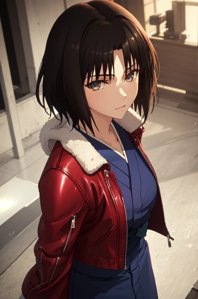 best quality, masterpiece, highres, solo, (dynamic angle),raytracing, (ryougi_shiki_karanokyoukai:1.10), red leather jacket, blue kimono, fur trim, portrait, looking at viewer,