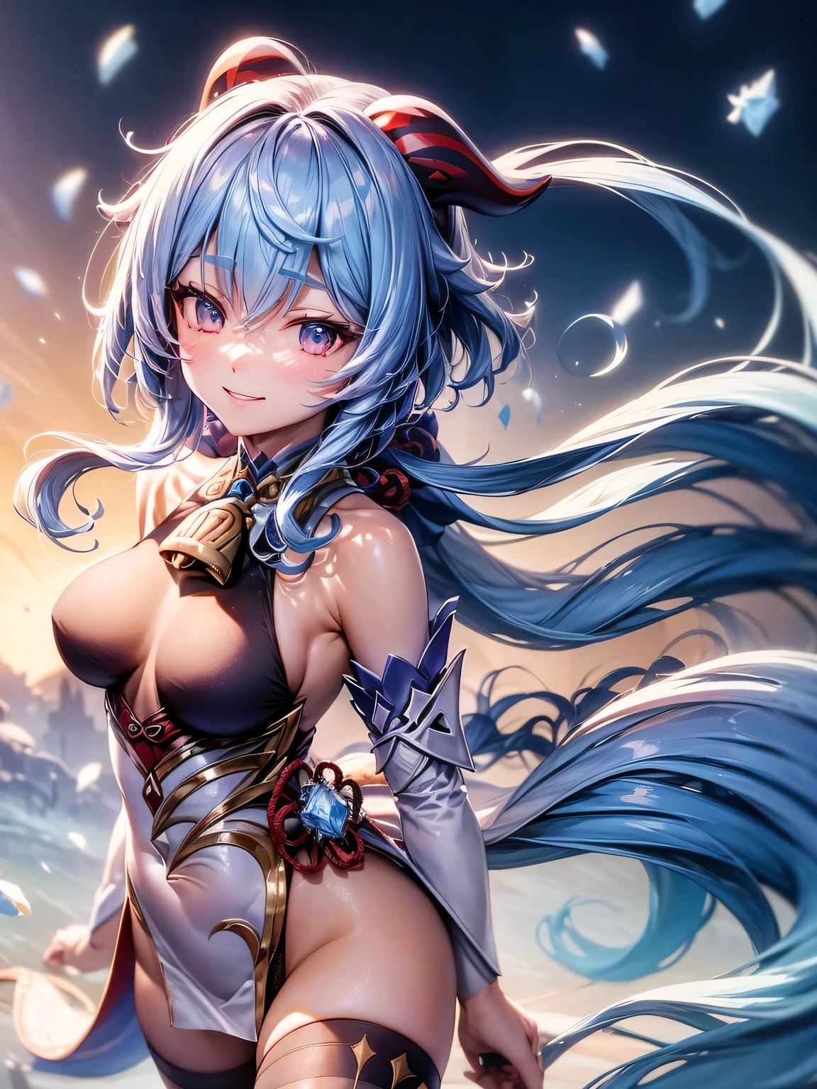 Rear view、cloak、anger、splash of water、storm、female organ、pubic hair、naked、Blue tattoo、front、Beautiful Girl Magician、(((light blue hair up style)))、((whole body))、(((photo taken from below)))、magic circle、background is sky