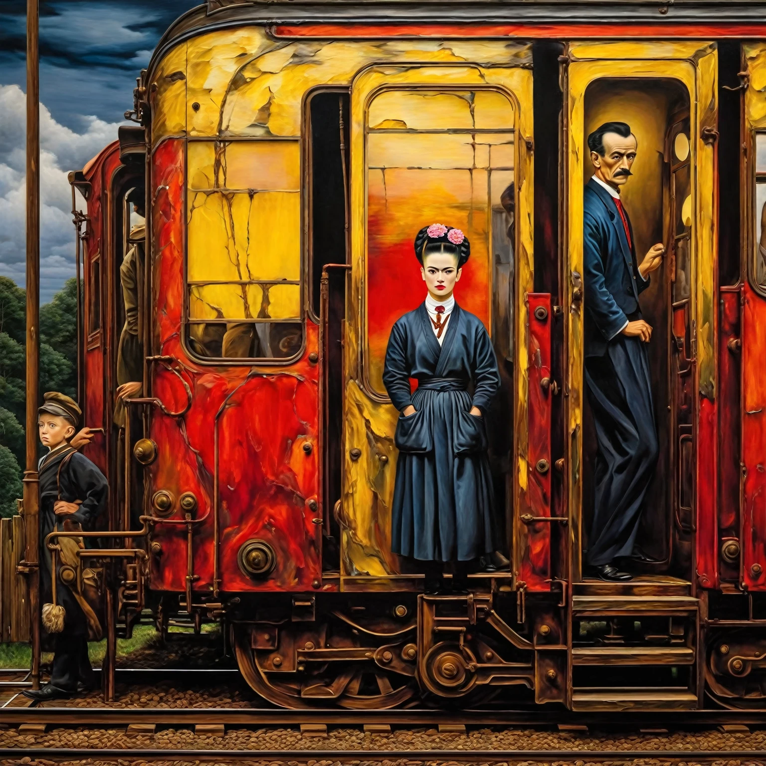 a man seeing off a train, intricate details, oil painting, surrealism, (best quality,4k,8k,highres,masterpiece:1.2),ultra-detailed,(realistic,photorealistic,photo-realistic:1.37),HDR,UHD,studio lighting,ultra-fine painting,sharp focus,physically-based rendering,extreme detail description,professional,vivid colors,bokeh,Piet Mondrian style,Leonardo da Vinci style,Edvard Munch style,Katsushika Hokusai style,Frida Kahlo style