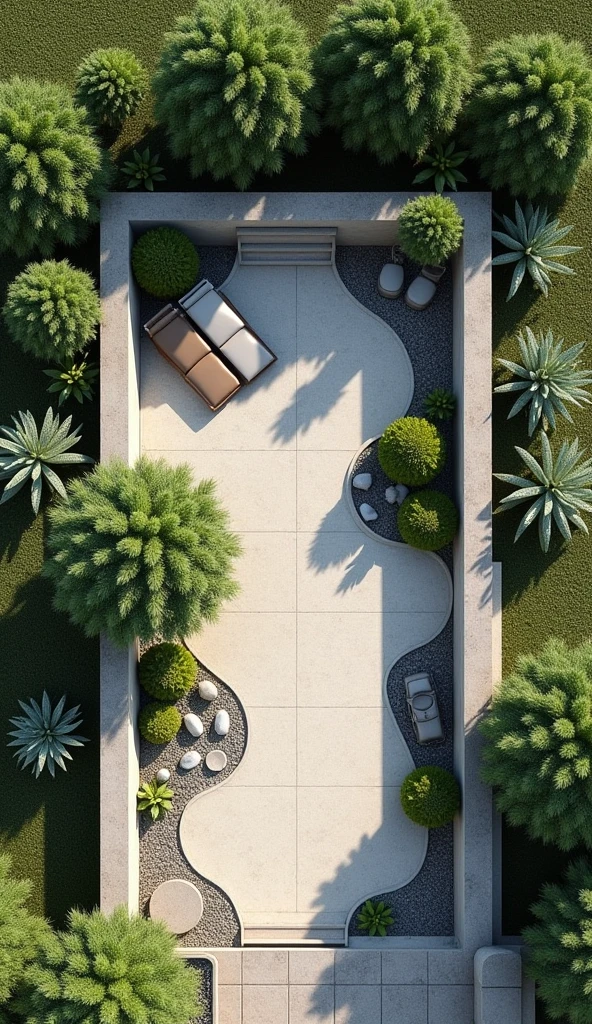 Show me the same scene below in other possible camera angles, showing the architecture of the scene without losing details of each scene shot, exploring each part of a small landscaping project of a basic and simple patio with an enclosed patio and simple rock garden., everything very simple and easy to assemble, simple brazilian architecture, aerial view, dark white and light green, colorful scenes of very simple sidewalks with very economical construction, dark black and dark beige, irregular shapes --ar 2:3 --style raw --stylize 50. Lembre-se que a mesma arquitetura precisa ser vista de vários ângulos em aerial view, exploring the scene completely without cuts