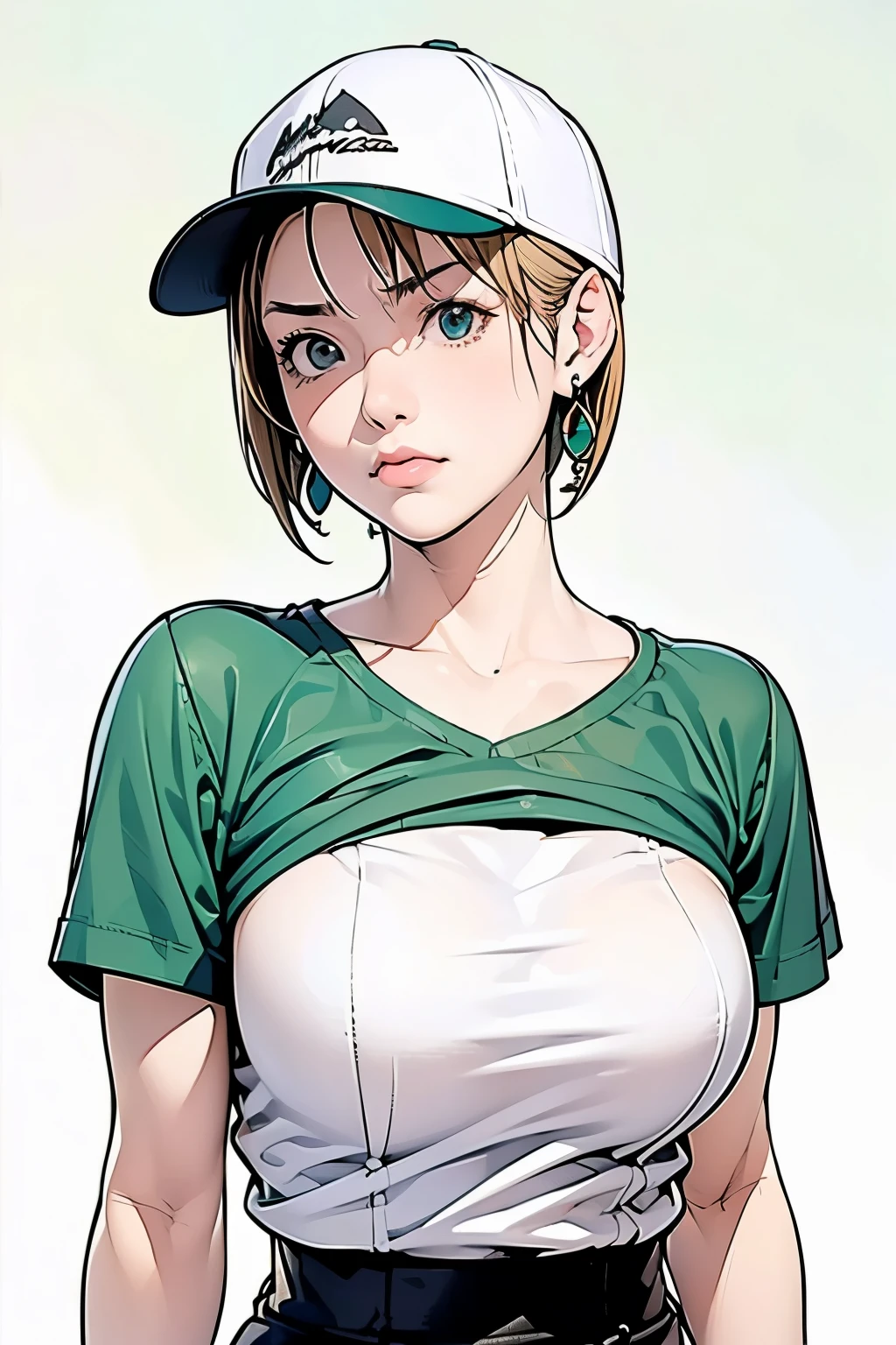 Tetsuya Nomura, masterpiece, Highest quality, One girl, Aqua Eye, Baseball cap, Blonde, Mouth closed, Earrings, Green background, Have, hoop Earrings, jewelry, View your viewers, shirt, short hair, Simple Background, alone, Upper Body, yellow shirt 