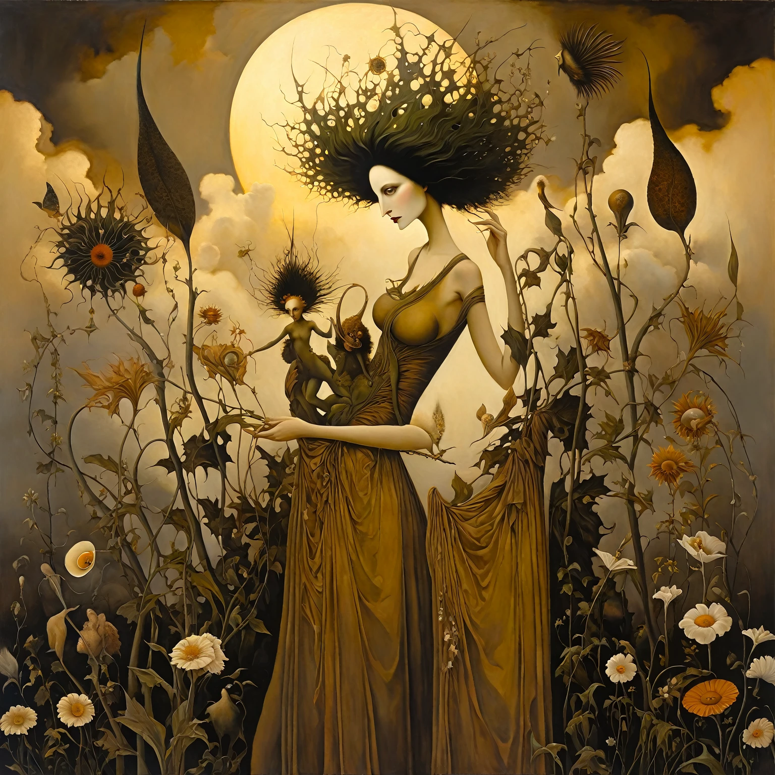 painting in the style of aesthetic surrealism, combination of technique, palette, styles of Leonora Carrington, Michael Parkes, Aubrey Beardsley, Dave McKean, surrealist scene Mother Nature in a dress made of plants, flowers, bright light, aesthetic, beautiful, soft lighting, wide angle lens, fluffy clouds. Aesthetic surrealism, oil painting, golden sepia, green outline of canvas details, bizarre contrast, intricate details, Surreal &