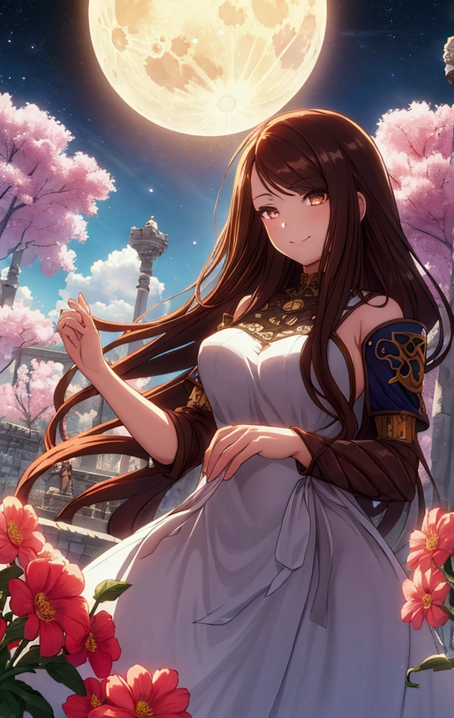 (masterpiece),(Highest quality), figure, (Fantasy:1.4), Brown long hair, Long eyelashes, Round eyes, A light smile, Surrealism, Cast a Shadow, Anaglyph, Stereogram, Atmospheric perspective, 8k, Super Detail, Accurate, Highest quality, Ultra-high resolution, Textured skin, Long dress, moon, Flowers , paper_cut