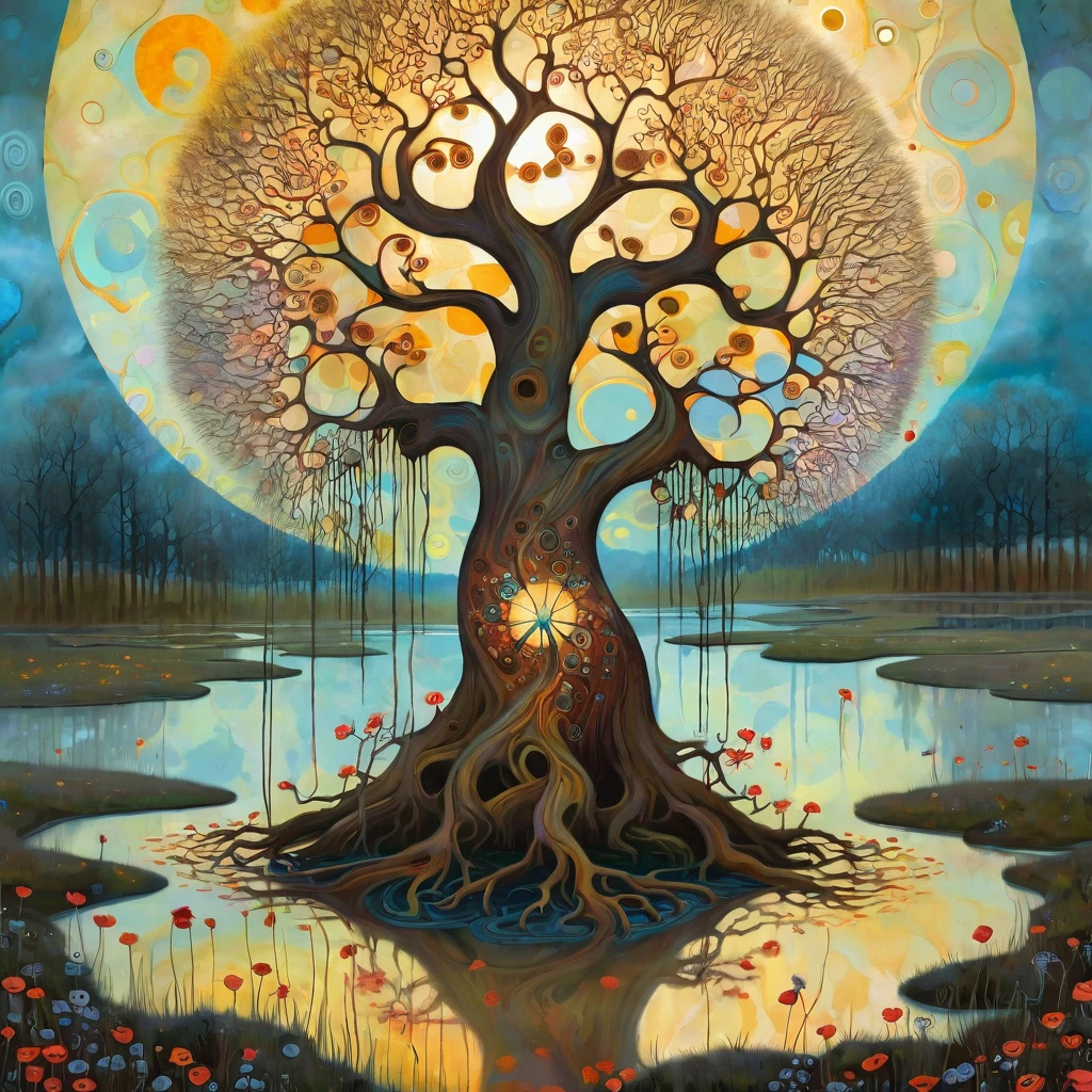 oil and acrylic painting. In the style of Meghan Duncanson, Andy Kehoe and Tom Bagshaw, Klimt. yggdrasill treein the center of a large swamp. The tree's trunk is twisted, cracked, its branches are of transparent blown glass expanding toward the sky in ellipses , its large roots are of rusty metal and sink into the ground.  Dandelion flowers, poppies, swamp flowers, cherry blossoms, peach blossoms bloom. Sun disc-shaped polychrome buds with marbled spirals, sun rays like strands of coral. Warm colors, ochre yellows, browns, shades of blue, reds .
