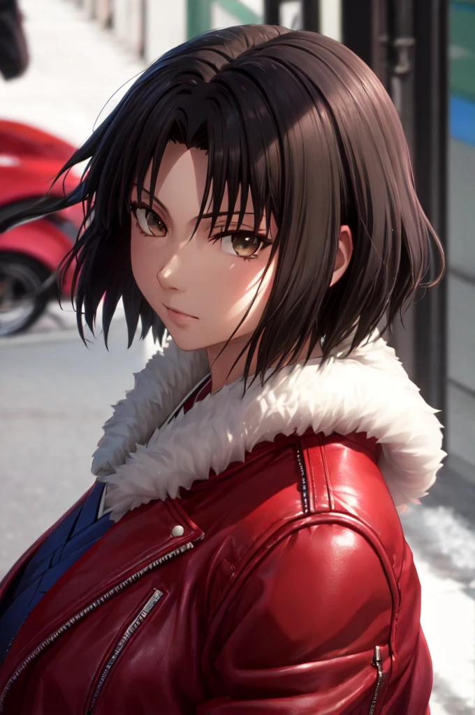 best quality, masterpiece, highres, solo, (dynamic angle),raytracing, (ryougi_shiki_karanokyoukai:1.10), red leather jacket, blue kimono, fur trim, portrait, looking at viewer,