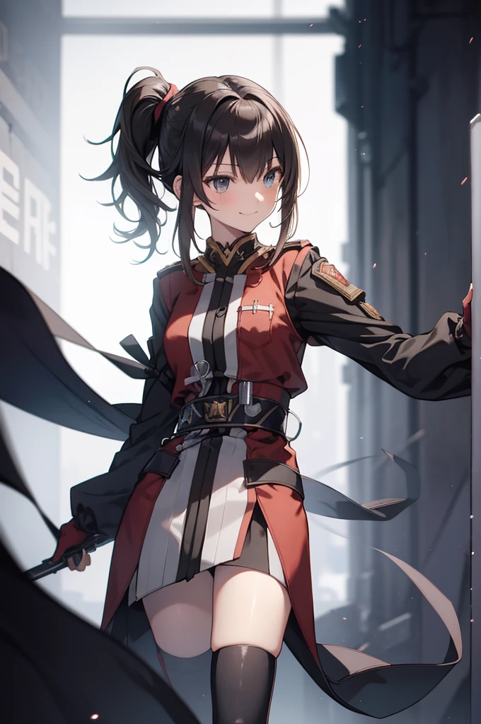 high resolution、((Slender))、((Rita Mordio)),black thighhighs,full body,whole body, adult woman is standing,silver medium hair,(side ponytail),wearing military costume,black dark knight clothes,black thighhighs,smile,dynamic angle,dynamic pose,detailed background,