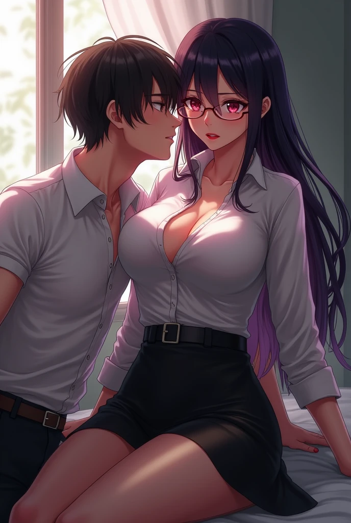 （（super high quality,））（（Ultra-high resolution,））（16K,）（super masterpiece,）（（Ultra HD ,））（Detailed shading,）One sexy married woman,Office Lady,1 elementary school student,（（popped Tight collar White shirts,））Unbutton the third button,Black tight skirt,Glasses,blush,Ahegao,necklace,wedding ring,Sweaty,Flowing Love Juice,The boy hugs him from behind,Dimly lit living room,