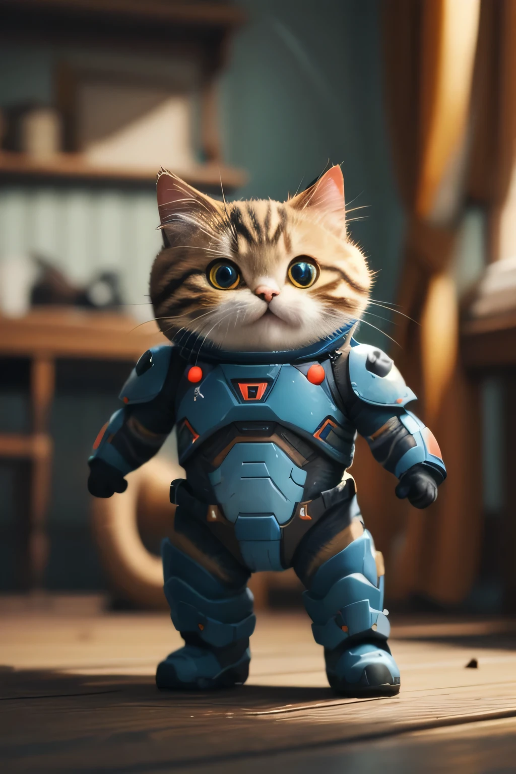 high quality、4K、Kitten wearing a strange battle suit、Are standing、laughing、