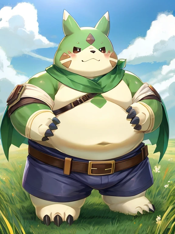 Gargomon(Digimon)、,Very very tall、Thick animal-like legs、cheeks with fat、Thick arms、Huge torso、Thick neck、Thick neck、Sharp Claws、feet covered in fat, Thick twisted horns, In the grassland, There is a belt on the left shoulder, official、anime、He&#39;s wearing pants that have a very, very bulging crotch.、Cute eyes、smile、Dynamically、Big belly、Voluptuous