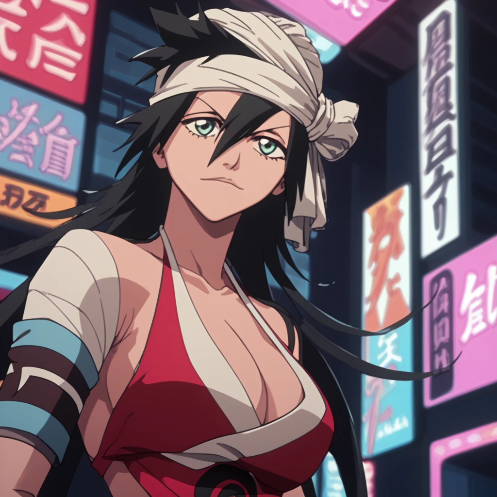 detailedeyes, zPDXL, perfect faces, Kukaku Shiba, city background, ssmile, looking ahead at viewer, neckleace, breasts big, standing  