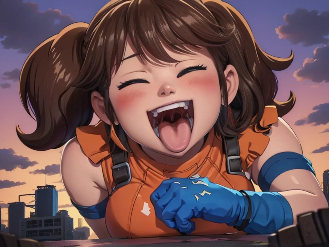 "1 girl, solo, purple eyes, long brown hair tied in twintails, wearing her signature orange sleeveless leotard and fingerless gloves. Diane from Seven Deadly Sins with a playful expression, one eye closed, tongue out, and a slight blush on her cheeks. She smiles mischievously while looking at the viewer, her massive size emphasized by her giantess form. The scene captures a close-up of her face, with Diane towering over a small urban area, lying face down, smiling playfully with her mouth open wide, ready to eat tiny people she holds in her hand. The low-angle perspective from the street shows her enormous figure dominating the view, her long hair cascading down around her. With the backdrop of a sunset casting a warm glow, small buildings crumble around her, steam rising from the rubble as terrified residents flee. Diane blushes slightly, enjoying the chaos, while her fingers grip the tiny people, lifting them towards her open mouth. The scene blends horror and awe, capturing the playful and destructive nature of Diane in this anime aesthetic."