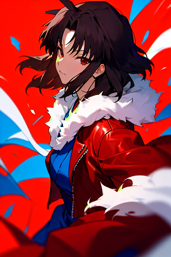 best quality, masterpiece, highres, solo, (dynamic angle),raytracing, (ryougi_shiki_karanokyoukai:1.10), red leather jacket, blue kimono, fur trim, portrait, looking at viewer,