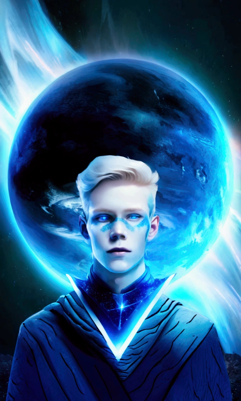 Create an illustration of a man with white hair and blue eyes, in front of the blue planet. 