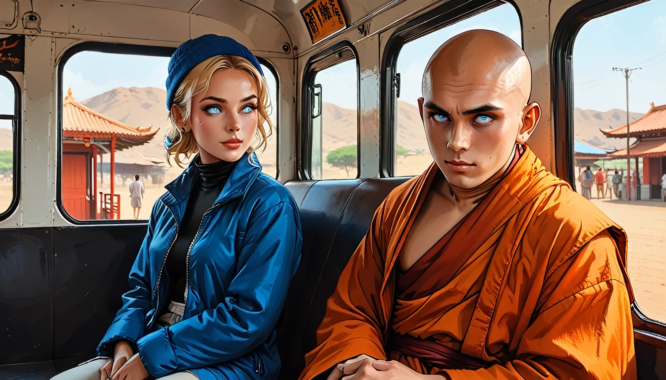 (((girl and man sitting on a bus))),(((girl in Blue zipped up down winter jacket and black turtleneck )) and (jeans) and black gloves and (((blue winter hat))))) with (((((blind Buddhist monk))) in ((orange Kashaya)))) sitting inside in the passenger seat on the tuk-tuk bus, (girl adult, [Nordic], perfect Olive skin, Oval Face, Long neck, Rounded shoulders, perfect hand, round forehead, (Short blonde Waves pixie hair), snub nose, Arched eyebrows, ((Monolid blue Eyes)), High Round Narrow cheekbones, Dimpled Cheeks, Rounded Chin, Rounded Jawline, Full nude Lips, (blue eyes), Nude Makeup Look, long eyelashes,) (((blind Buddhist monk, round face, white eyes, no eyebrows, no hair, bald, paw-eared, round cheeks, narrow lips, man, white sclera eyes, Whitewash Eyes,))), 
(((tropics))), graphic style of novel comics, perfect hands, 2d, 8k, hyperrealism, masterpiece, high resolution, best quality, ultra-detailed, super realistic, Hyperrealistic art, high-quality, ultra high res, highest detailed, lot of details, Extremely high-resolution details, incredibly lifelike, colourful, soft cinematic light,