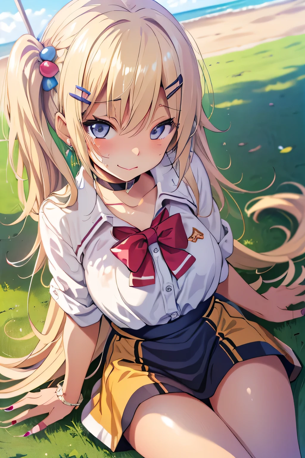 (Very detailed CG Unity 8k 壁紙),(masterpiece), (Highest quality), (Very detailed), (Best illustrations),(Best Shadow), ahegao、Blonde eyes and blonde wavy twin tails,gal、Cheerleader、Brown Skin、Dynamic Angle、Lots of hair accessories、Nails