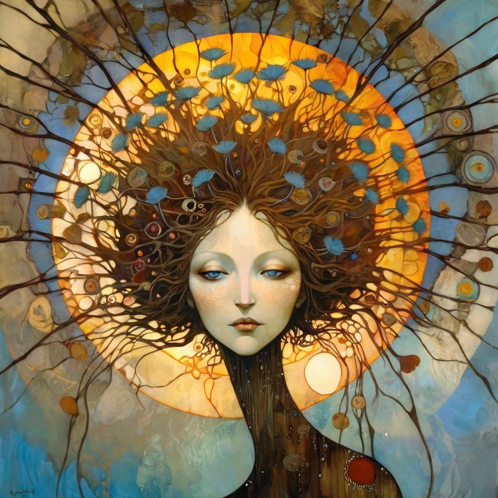 Art style by Klimt, Sam Toft, Florine Stettheimer, Dina Wakley, Catrin Welz-Stein, Gabriel Pacheco, Elisabeth Fredriks. A woman with bare breasts and blond hair, with thick eyelashes, rests stretched out with her arms behind her head. Around her, poppies, clouds and sky, red earth, branches, light brown trees, flowers, yellow sun.
