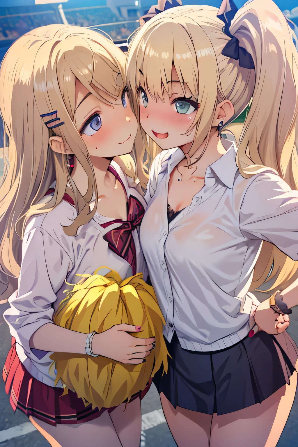 (Very detailed CG Unity 8k 壁紙),(masterpiece), (Highest quality), (Very detailed), (Best illustrations),(Best Shadow), ahegao、Blonde eyes and blonde wavy twin tails,gal、Cheer Tops、Cheer SkirtDark Skin、Dynamic Angle、Lots of hair accessories、Nails