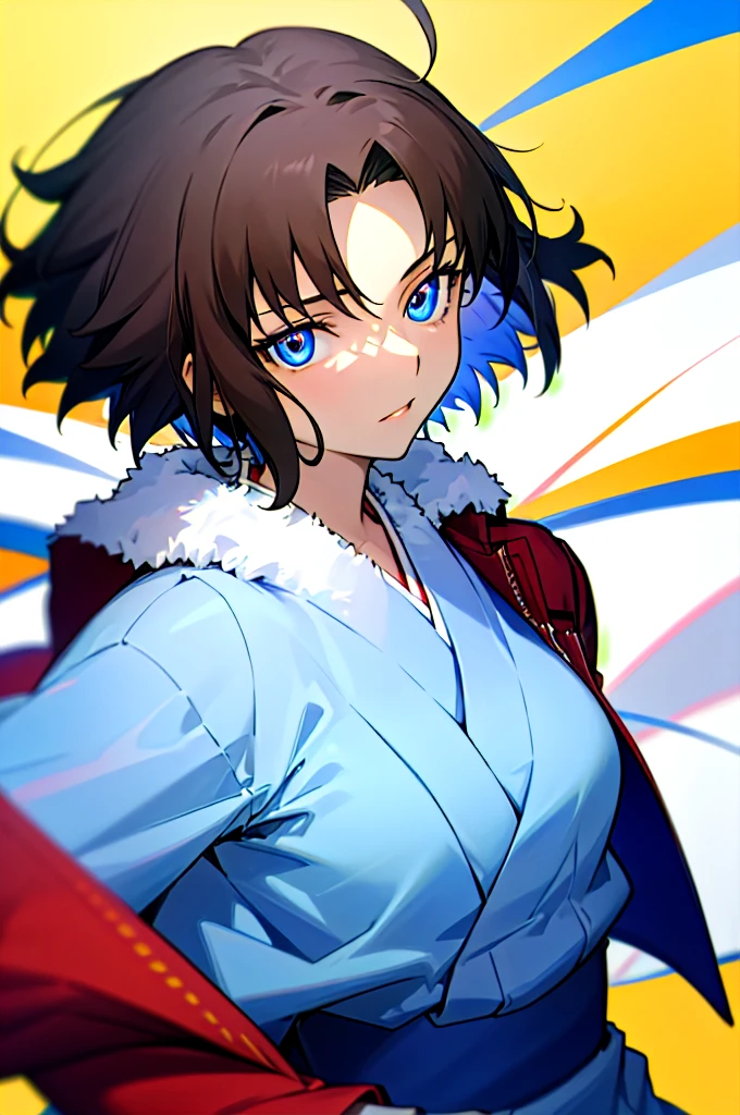 best quality, masterpiece, highres, solo, (dynamic angle), hmshiki, short hair, ahoge, red jacket, blue eyes, blue kimono, open clothes, fur trim, portrait, looking at viewer,