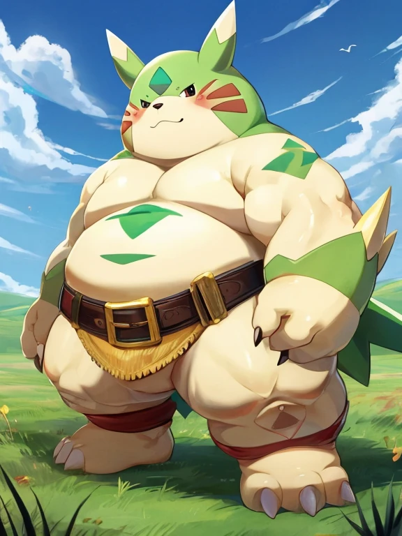 Gargomon(Digimon)、,Very very tall、Thick animal-like legs、cheeks with fat、Thick arms、Huge torso、Thick neck、Thick neck、Sharp Claws、feet covered in fat, Thick twisted horns, In the grassland, There is a belt on the left shoulder, official、anime、He&#39;s wearing pants that have a very, very bulging crotch.、Cute eyes、smile、Dynamically、