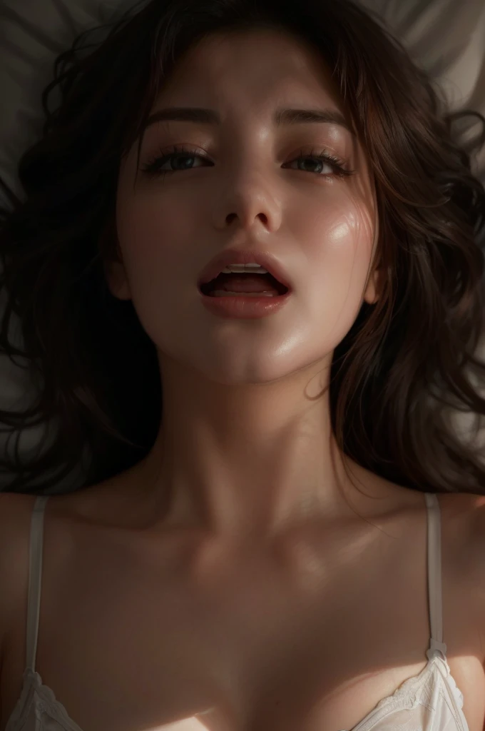 arafed woman in a white bra top laying on a bed, 8 k sensual lighting, mouth open, with mouth open, closeup. mouth open, mouth slightly open, luscious lips, photorealistic cgi, extremely close shot, sexy lips, soft lulling tongue, beautiful photorealistic imagery, mouth wide open, slightly open mouth, hyperrealistic cgi