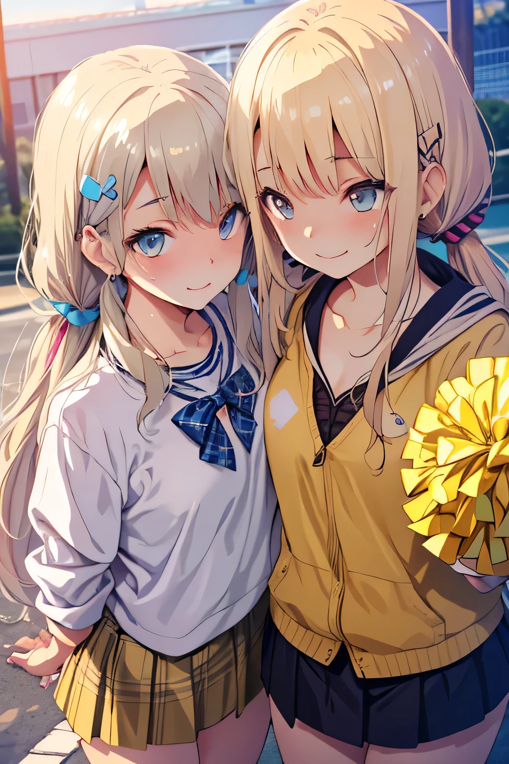 (Very detailed CG Unity 8k 壁紙),(masterpiece), (Highest quality), (Very detailed), (Best illustrations),(Best Shadow), ahegao、Blonde eyes and blonde wavy twin tails,gal、Cheer Tops、Cheer SkirtDark Skin、Dynamic Angle、Lots of hair accessories、Nails