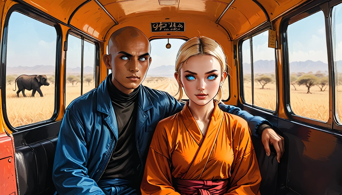 (((girl and man sitting on a bus))),(((girl in Blue zipped up down winter jacket and black turtleneck )) and (jeans) and black gloves and (((blue winter hat))))) with (((((blind Buddhist monk))) in ((orange Kashaya)))) sitting inside in the passenger seat on the tuk-tuk bus, (girl adult, [Nordic], perfect Olive skin, Oval Face, Long neck, Rounded shoulders, perfect hand, round forehead, (Short blonde Waves pixie hair), snub nose, Arched eyebrows, ((Monolid blue Eyes)), High Round Narrow cheekbones, Dimpled Cheeks, Rounded Chin, Rounded Jawline, Full nude Lips, (blue eyes), Nude Makeup Look, long eyelashes,) (((blind Buddhist monk, round face, white eyes, no eyebrows, no hair, bald, paw-eared, round cheeks, narrow lips, man, white sclera eyes, Whitewash Eyes,))), 
(((tropics))), graphic style of novel comics, perfect hands, 2d, 8k, hyperrealism, masterpiece, high resolution, best quality, ultra-detailed, super realistic, Hyperrealistic art, high-quality, ultra high res, highest detailed, lot of details, Extremely high-resolution details, incredibly lifelike, colourful, soft cinematic light,