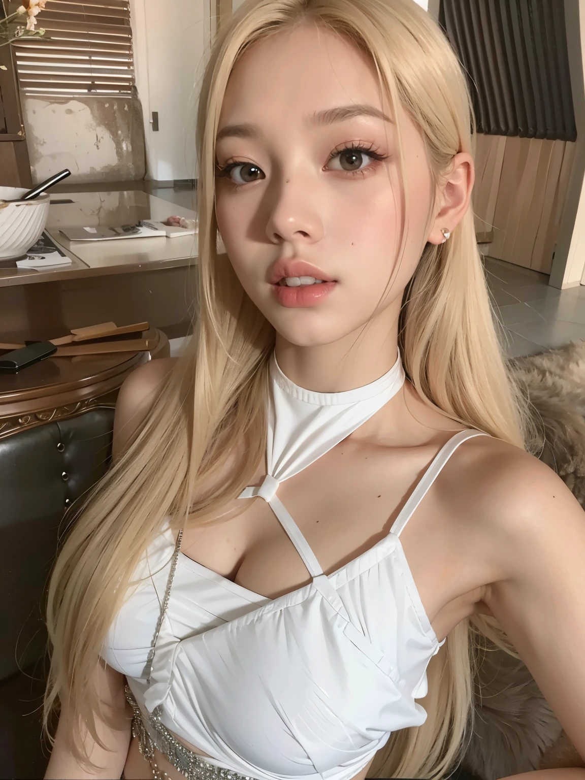 A blonde woman is photographed wearing a choker necklace and a white top.., Blackpink&#39;s Roseanne Park, Josh de Blackpink, Doyoung Kim, Heonhwa Choi, portrait of Josh de Blackpink, Jaeyeon Nam, with long blonde hair, Chassis, common ratio, with long white hair, cl, Taejun Kim, Jia, with long white hair