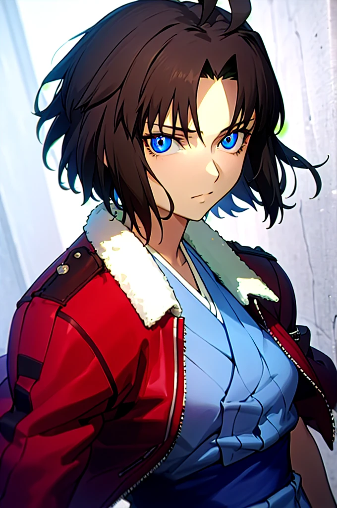 best quality, masterpiece, highres, solo, (dynamic angle), (hmshiki), short hair, ahoge, red jacket, blue eyes, blue kimono, open clothes, fur trim, portrait, looking at viewer,