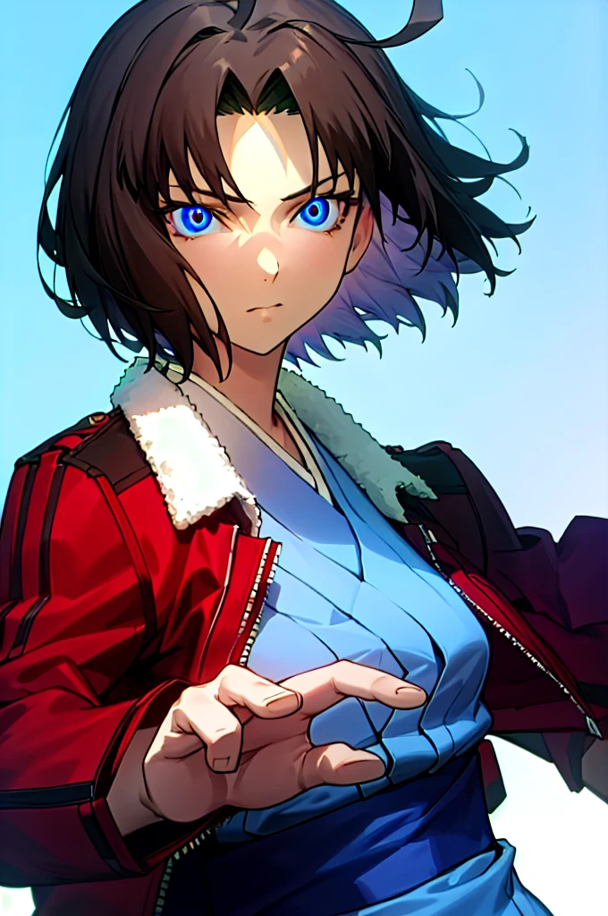 best quality, masterpiece, highres, solo, (dynamic angle), (cool), (hmshiki), (short hair, ahoge, red jacket, blue eyes, blue kimono, open clothes, fur trim), portrait, looking at viewer,