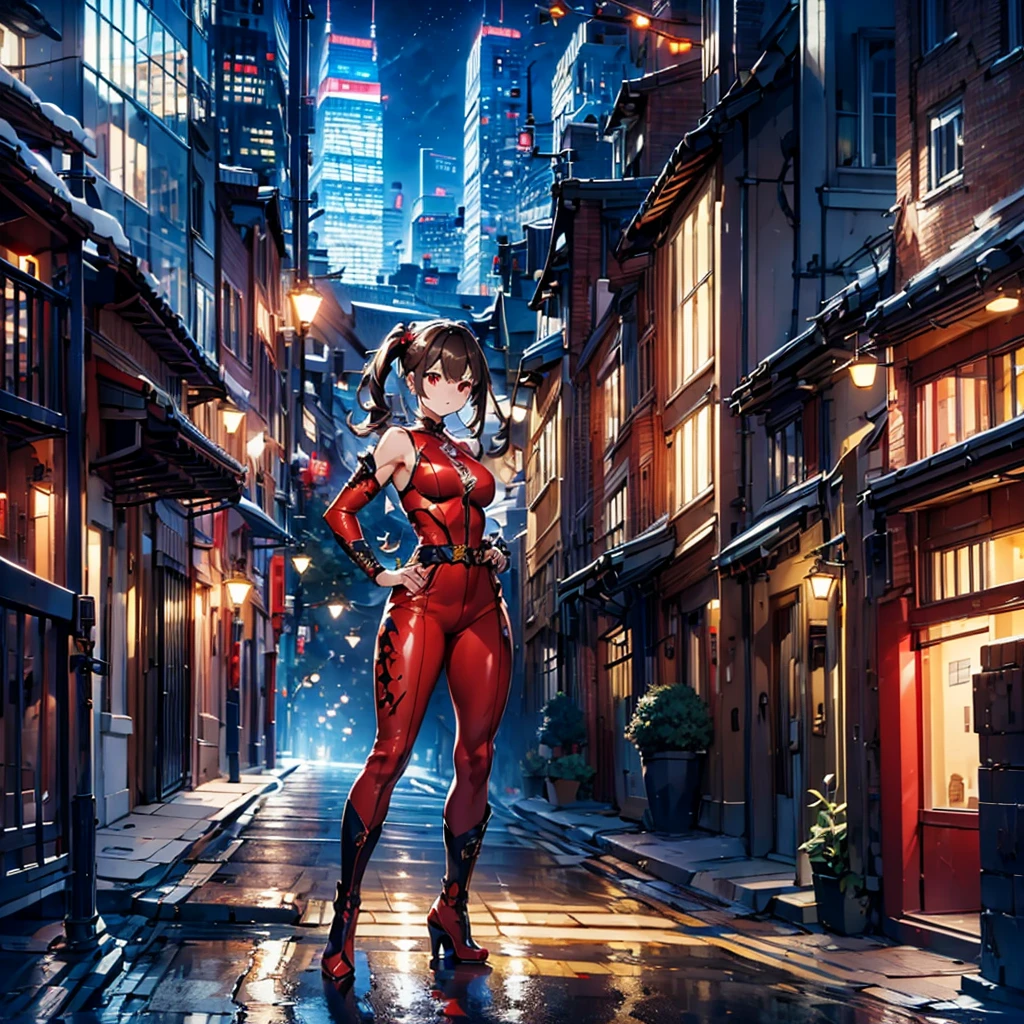 (masterpiece, best quality), intricate details, 8k, artstation, wallpaper, official art, splash art, sharp focus,, 1girl, long hair, twin tails, red eyes, brown hair, ,red jsuper jumpsuit  , skyscrapers, night city, buildings, cars, street, battle stance