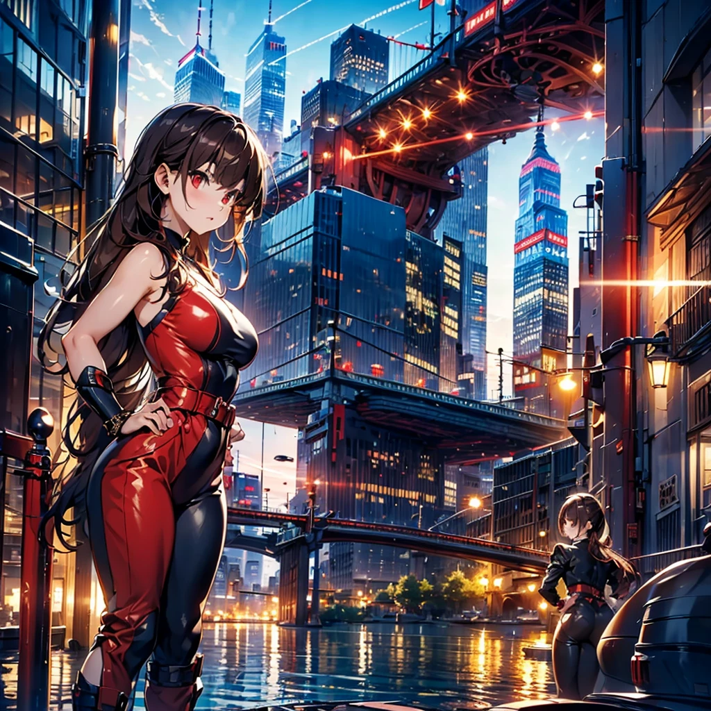 (masterpiece, best quality), intricate details, 8k, artstation, wallpaper, official art, splash art, sharp focus,, 1girl, long hair, twin tails, red eyes, brown hair, ,red jsuper jumpsuit  , skyscrapers, night city, buildings, cars, street, battle stance