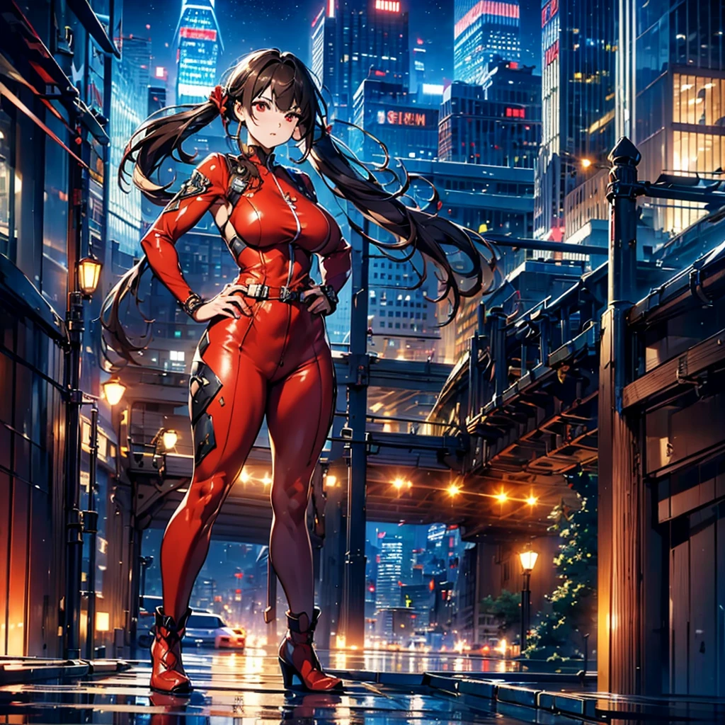 (masterpiece, best quality), intricate details, 8k, artstation, wallpaper, official art, splash art, sharp focus,, 1girl, long hair, twin tails, red eyes, brown hair, ,red jsuper jumpsuit  , skyscrapers, night city, buildings, cars, street, battle stance