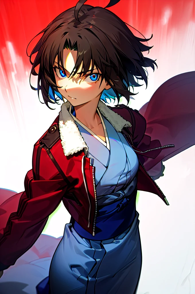 best quality, masterpiece, highres, solo, (dynamic angle), (cool), (hmshiki), (short hair, ahoge, red jacket, blue eyes, blue kimono, open clothes, fur trim), portrait, looking at viewer, 5finger, perfect anatomy, perfect proportion, noise removal