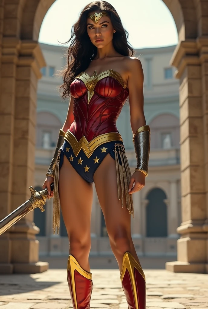 A toned athlete, muscular, blue eyes, black hair Wonder Woman in Wonder Woman’s tiara, red and gold bustier, blue leotard with white stars, ((silver wrist bracelets:1.2)), ((Red knee high boots:1.2)), golden belt with athletic and muscular body standing with hands on hips, fat muscular bald man wearing grey suits laying on the ground unconscious with eyes_closed covered in mud. Dark alleyway background. (perfect anatomy), (masterpiece:1.2), (best quality:1.2), intricate details, Muted Tone, Delicate, Detail, sharp focus, perfect hands, perfect face, perfect eyes, perfect light, dynamic light, natural light