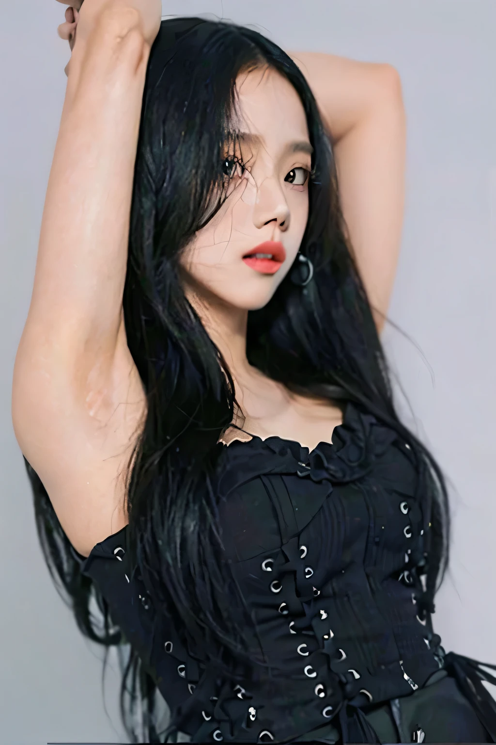 black pink jisoo, Kim Jisoo,(full body image), (jisoo&#39;s face, beautiful features,(all proportional), three put on a black lingerie set with corset), (the neckline is very revealing), (Corset highlights her beautiful hips and highlights her buttocks), (beautiful buttocks), She brings with her a lace panty that matches her black fishnet stockings, ( The setting is in a luxurious bedroom), (random sensual pose)