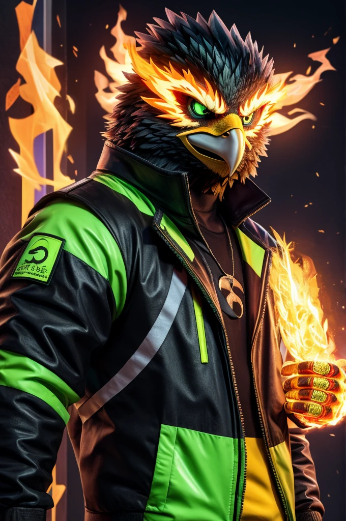 offcial art, Unity 8k papel de parede, ultra detaild, bonitas, Eagle man with anthropomorphic aura of fire verde ,neon verde eagle mask, with black jacket, with ring, with an angry face,Bblack hair ,fluffly, cute, shorty, kawaii, drawing 2