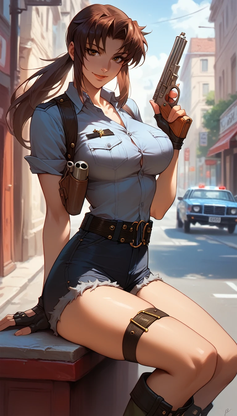 (best quality, highres, HDR:1.2), hair flaps, massive hair, ponytail hair, black hair, highly detailed face and body, beautiful skin, light blue eyes, perfect body, curvy, huge breasts, cleavage, mechanic, mechanic outfit, wear a cap, oil spill, tools
