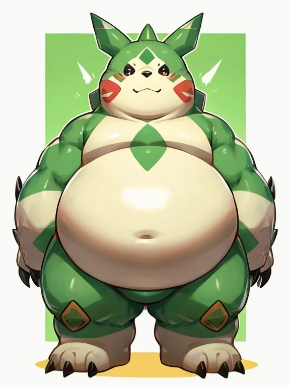 Gargomon(Digimon)、,Very very tall、Thick animal-like legs、cheeks with fat、Thick arms、Huge torso、Thick neck、Thick neck、Sharp Claws、feet covered in fat, Thick twisted horns, one&#39;s home, There is a belt on the left shoulder, official、Underwear with a large bulge in the crotch、Cute eyes、smile、Dynamically、Cute mouth、Sweaty