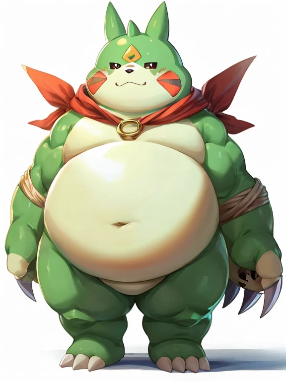 Gargomon(Digimon)、,Very very tall、Thick animal-like legs、cheeks with fat、Thick arms、Huge torso、Thick neck、Thick neck、Sharp Claws、feet covered in fat, Thick twisted horns, one&#39;s home, There is a belt on the left shoulder, official、Underwear with a large bulge in the crotch、Cute eyes、smile、Dynamically、Cute mouth、Sweaty