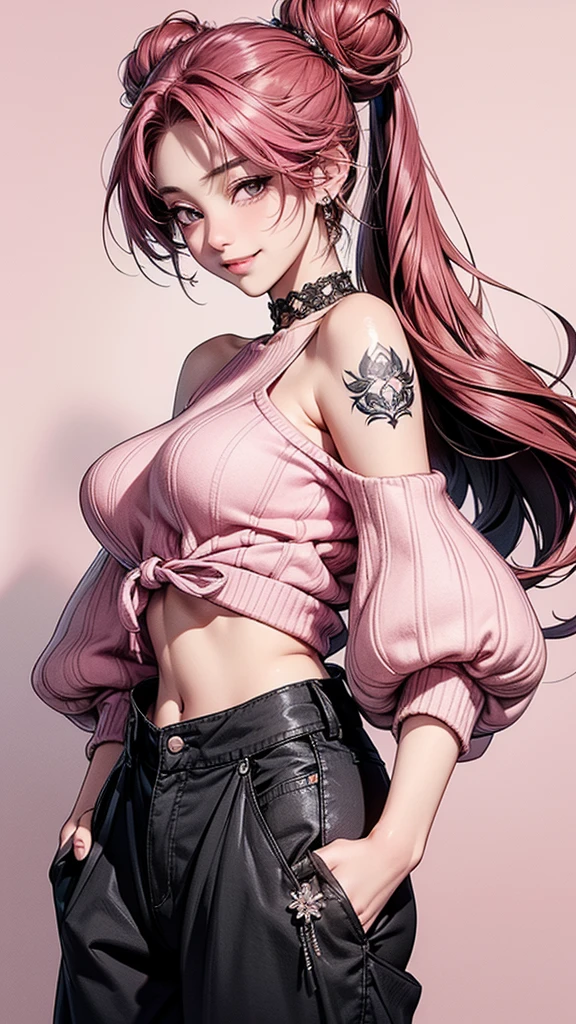 a 20 yo woman、Pink hair、long twintail、Big smile、nedium breasts、crisp breasts、The thighs are clear at a glance、fishnet tights、＜Tips for quality improvement＞ ＜Character appearance、Background and other tips＞ BREAK (Pink Theme:1.4), (Vivid colors:1.3), (Pink sweater:1.4), (longer sleeves:1.3), ((cropped shoulders, navel, stomach):1.3), BREAK (Black Themes:1.3), ((Black oversized pants, Black baggy pants):1.3), (Black choker:1.2), (Earrings:1.2), (Lace-up boots:1.1), ＜expressioness、illuminating、Other tips＞(hi-top fade:1.3)、dark themes、muted tones、pastelcolor、hight contrast、(naturals Skin Textures、Hyper-realism、Soft light、Sharp) (masutepiece, of the highest quality, Best quality, offcial art, Beautiful and aesthetic: 1.2), (1girl in: 1.3), Very detailed, (fractal art: 1.1), (colour: 1.1) (Flowers: 1.3), (author：Yuko Higuchi:1.4), Yuko Higuchi,(Posted by Yow:1.2),(linear art),Line drawing,pen painting,zentangle,(tattoo pattern:1.2),(Complex lines),(masutepiece),(Best quality:1.1), (Ultra-detailed),Best Illustration,finedetail,hand-drawn high quality,High contrast,(Clean lines:1.3),Clear lines,(Portrait),(Very close-up:1.1),1 girl,solo,The girl was wrapped in snow,(Intricate details:1.3),(Detailed background:1.2),(coloured background:1.1),Sketch,Intricate details,high resolution，a moon，top-quality、8k、A high resolution、tmasterpiece、(porate:0.6)、brunette color hair、mid hair、(grinning evily:1.3)、(looki at viewer:1.3)、(bokeh dof)、18yr old、8k, masutepiece, (Photorealistic:1.5), Artistic portrait from behind ((gangster girl) in a kimono), Back tattoo, Tattoos that expose the back, (Dragon tattoo), Bare shoulders, huge-breasted, Beautiful skin, Slim fit, Cute face, Nice appearance, view the viewer, The red hair is tied into a bun with bangs, Foggy, Daylight, skyscrapper, Clouds, Cozy and cool atmosphere, Dynamic lighting, naturals, Artistic，1 girl Wahori skin, The Yakuza, Japanese mafia, Background of Tokyo's red light district, Realistic, Photoreal, masutepiece, Best quality, sex