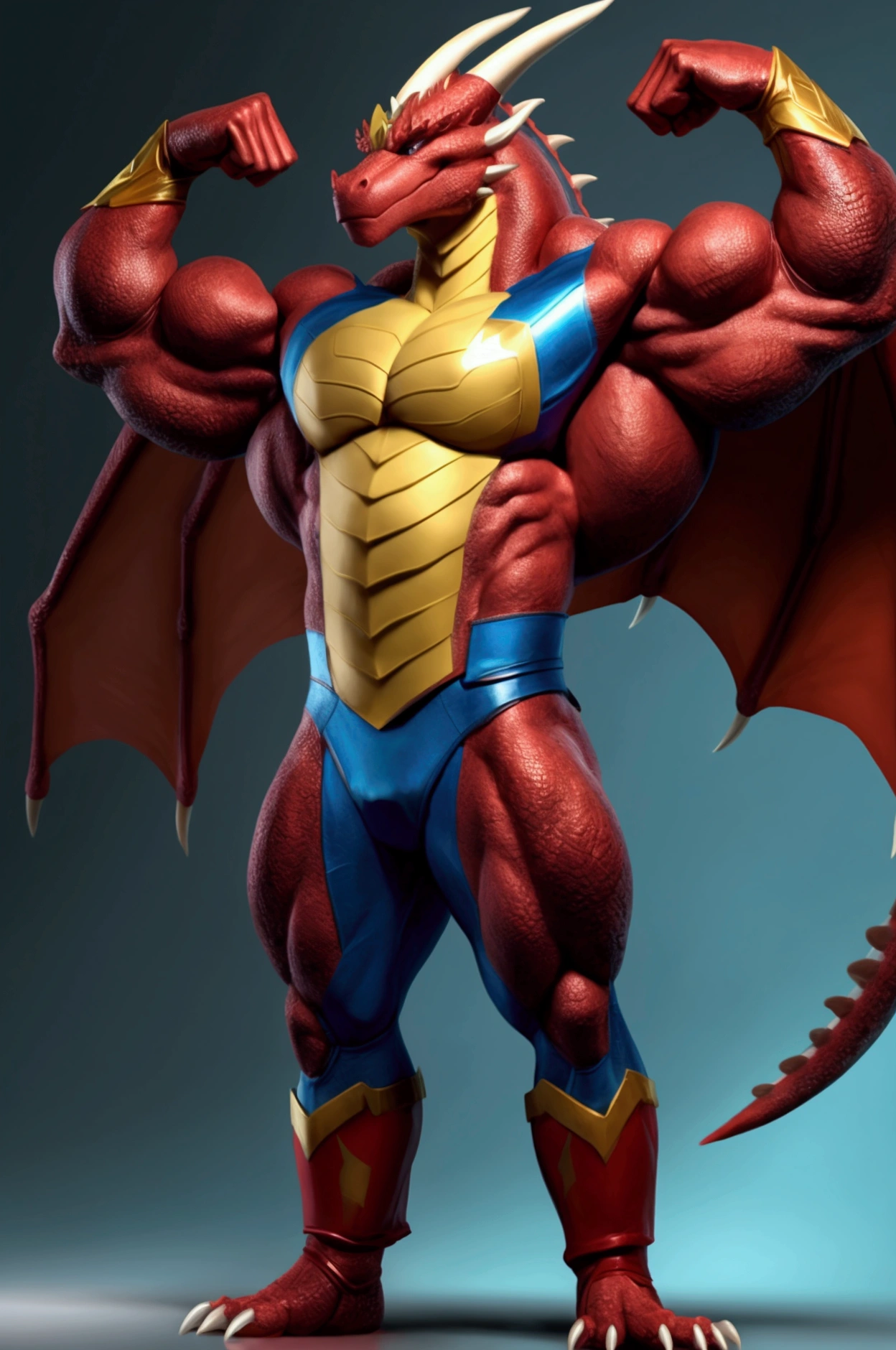 Dragon, crafted by the deft touch of TheVanRED, commands the scene. sporting a chiseled frame and exposed, sinewy muscles, clad in ultra-detailed, shimmering briefs. These briefs, adorned with a bold, fiery red color, harmonize flawlessly with the dragon's grandeur. The dragon's gaze burns with unyielding intensity, its eyes radiating a sense of tenacious spirit. The dragon's body is a captivating tapestry of finely woven scales, every one meticulously rendered and distinct. This Muscle Dragon, an intricate and exquisite creation, invites you to immerse